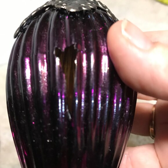 Purple Glass Christmas Ornaments Ornate Silver Caps Kugel? Vintage Very Heavy - Picture 14 of 14